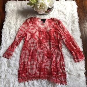 INC Stylish Red Tie-Dye Long Sleeve Sheer Cover Up Shirt with Lace Trim - Size M